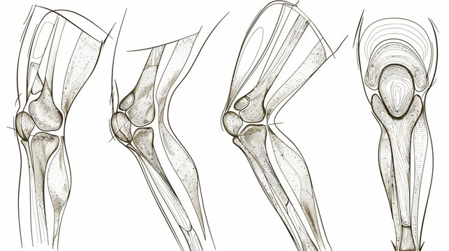 Artistic depiction of a human leg, displaying knee anatomy from multiple perspectives