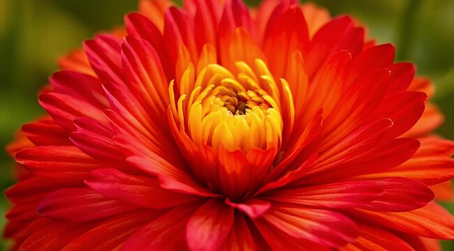Vibrant red and yellow zinnia flower with intricate petal arrangement close up