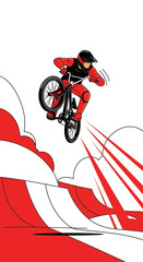 Naklejka premium Action Sport Silhouette Depicting Extreme Cycling Stunt Executed In Mid-Air Over Graphic Ramp Design