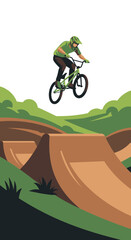 Naklejka premium Action Sport Silhouette Depicting Bicycle Rider Performing a Dynamic Aerial Stunt Over Dirt Ramp
