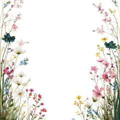 Elegant floral border with fine botanical flowers and foliage isolated on transparent background