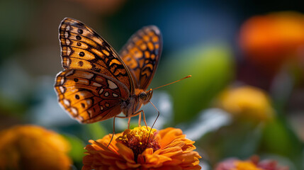 Obraz premium Beautiful butterfly resting on a bright orange flower in a sunny garden, macro close-up, soft defocused bokeh background, garden insect concept, butterfly photography, nature