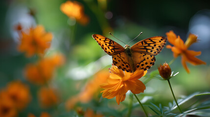 Obraz premium Beautiful butterfly resting on a bright orange flower in a sunny garden, macro close-up, soft defocused bokeh background, garden insect concept, butterfly photography, nature