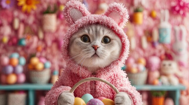 Cute cat dressed in a pink bunny costume holding an Easter basket with colorful eggs, surrounded by festive spring decorations on a pink background.