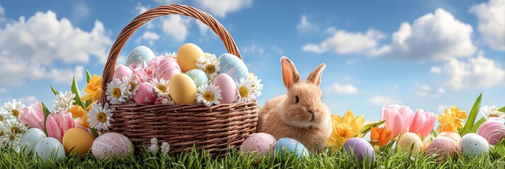 Easter basket filled with colorful eggs and spring flowers on grass, with a cute brown bunny and a bright blue sky with clouds in the background.