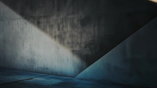 Concrete walls and floor creating a dynamic architectural background with interplay of light and sharp diagonal shadows forming abstract patterns and modern geometric shapes