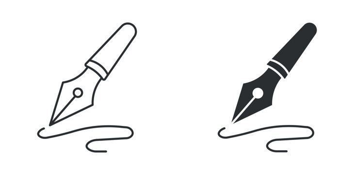 Fountain pen icon set, signature writing nib symbol, ink pen vector illustration