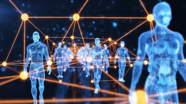 Digital human figures connected by network nodes