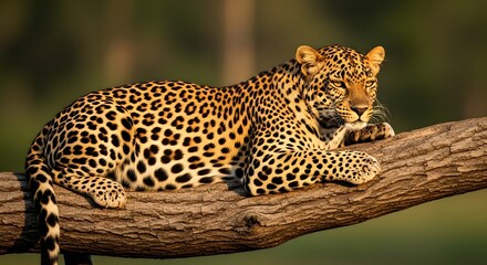 Obraz premium Majestic leopard resting on tree branch in forest habitat