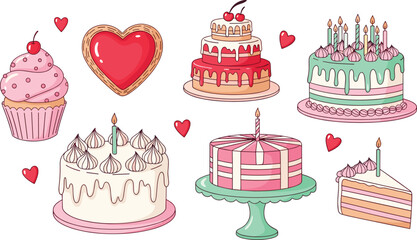 Hand drawn birthday cake vector illustration set with cupcake heart cookie and tiered party desserts for celebration greeting cards bakery menu and sweet shop branding. © IconicCreations