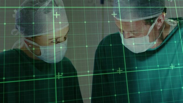 Animation of data processing over caucasian doctors during surgery