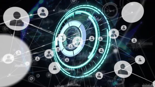 Animation of network of connections over processing circles on black background