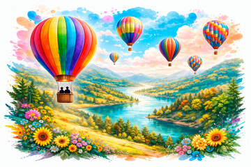 Obraz premium Colorful hot air balloons flying over scenic river landscape with vibrant flowers for World Tourism Day