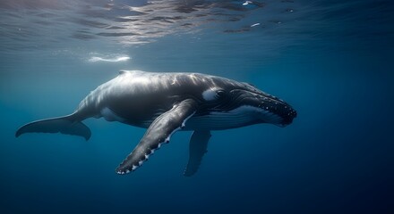 Naklejka premium Majestic humpback whale swimming underwater in ocean depths