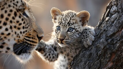 Obraz premium Adorable Leopard Cub Peeking from Tree Trunk Looking at Mother in the Wild
