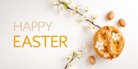 Naklejka premium Easter greeting with text, a round pie decorated with flowers, speckled eggs, and blossoming branches on a white background.
