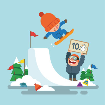 Cartoon Snowboarder Jumps Off Ramp with Judge Holding Scoreboard.