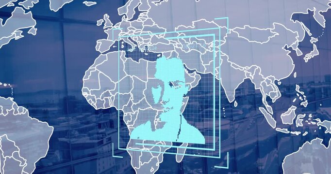 Animation of covid cells over world map and man wearing face mask