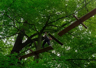 Young girl climbing wooden obstacle in forest adventure park © Stefanie