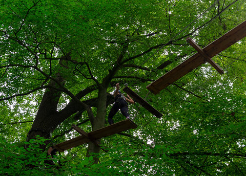 Young girl climbing wooden obstacle in forest adventure park