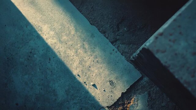 Rough concrete surface displaying textured details with a diagonal hard shadow creating a strong visual contrast, highlighting the abstract interplay of light and dark