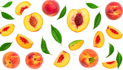Fototapeta premium Composition of sliced and whole stone fruits with green foliage, arranged against a stark black backdrop