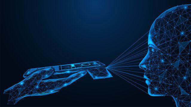 Contactless payment with face recognition. The hand holds a payment terminal that scans a person's face to make a contactless payment. The concept of face pay and biometric payments.