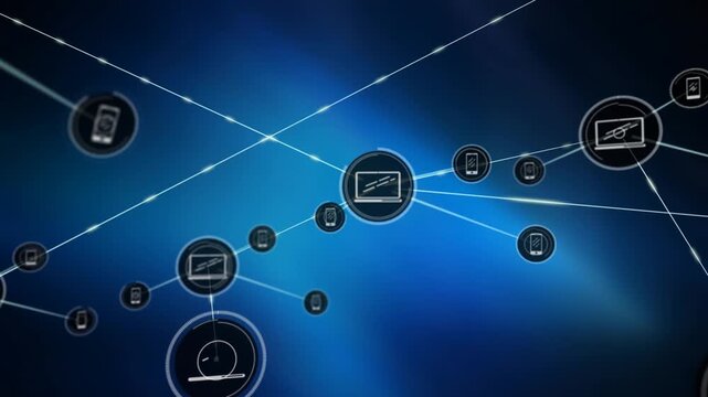 Animation of network of digital icons over blue glowing effect against black background