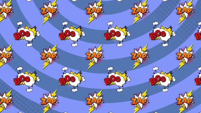 Animation of boom texts, zap texts on clouds, thunder icons, circular pattern on blue background