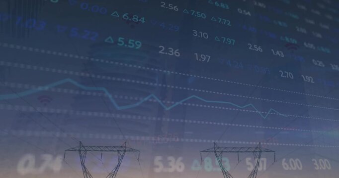 Animation of financial data processing over electric pylons in countryside