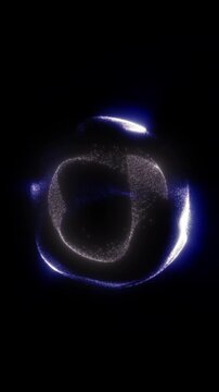 Dark futuristic particle orb with glowing ring and rotating tri-blade symbol, creating a minimal cosmic technology emblem on black background