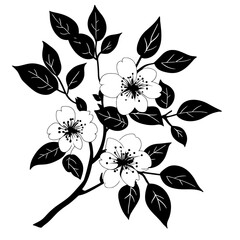 Elegant floral branch line art illustration of cherry blossoms with leaves, minimalist botanical drawing for wedding invitations, spring greeting cards, and nature-inspired home decor designs. © InArch Design Studio