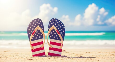 Naklejka premium Labor day beach getaway with patriotic flip flops