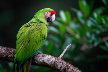 Naklejka premium Vibrant green macaw perched on a branch amidst lush foliage in a tropical rainforest setting, showcasing its colorful plumage and distinctive features