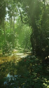 Golden afternoon swamp with shallow reflective water and drifting logs, warm light filtering through dense canopy and lily clusters evocative passage