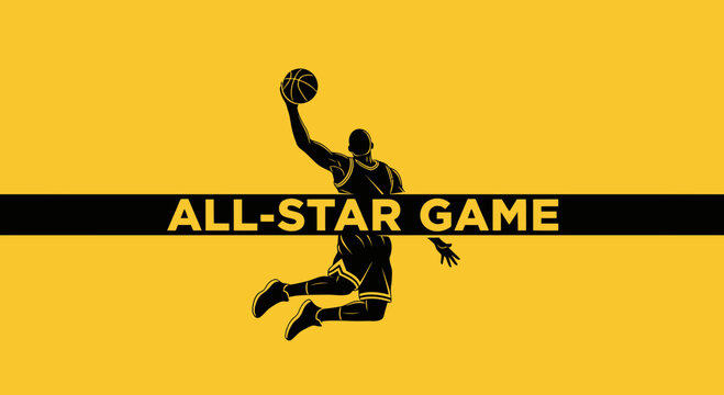 Basketball Player Silhouette With Ball Ready To Dunk At The All-Star Game
