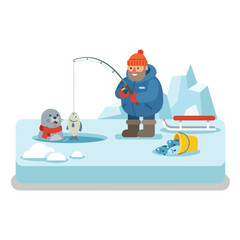 Fototapeta premium Man Ice Fishing with Seal Friend.