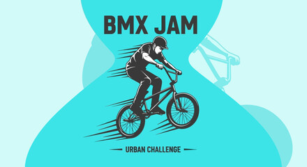 Naklejka premium BMX Competition Graphics Design Depicting a Rider Performing a Stunt, Urban Challenge Concept