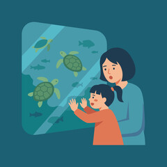 Mother and Child Admiring Sea Turtles at Aquarium. © alifia