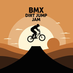 Naklejka premium BMX Dirt Jump Jam: Silhouette of Rider Soaring Against Sunset Scene and Mountainscape