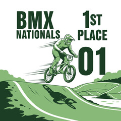 Naklejka premium BMX Nationals First Place Winner Illustration Showcasing High-Flying Action and Triumph in