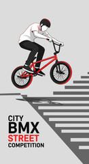 Naklejka premium BMX Rider Executes Aerial Stunt During City Street Competition Over Staircase Illustration