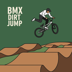 Naklejka premium BMX Rider Executes Aerial Stunt Over Dirt Jumps Against a Green Backdrop Illustrative Design