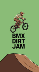 Naklejka premium BMX Rider Executes Extreme Stunt Over Dirt Ramp During Competitive Jam Session Action