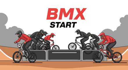 Naklejka premium Bmx Race Athletes Ready At The Starting Line Vector Illustration Sport Activity