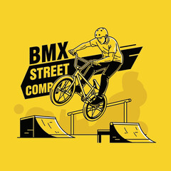 Naklejka premium BMX Street Competition: Graphic Depiction of a Cyclist Performing a Stunt on Yellow Background