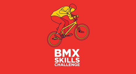 Naklejka premium BMX Skills Challenge: Vibrant Illustration of a Cyclist Performing Stunts on Red Background