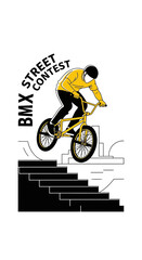 Naklejka premium BMX Street Contest Illustration: Dynamic Cyclist Executes Aerial Maneuver Over Stairs
