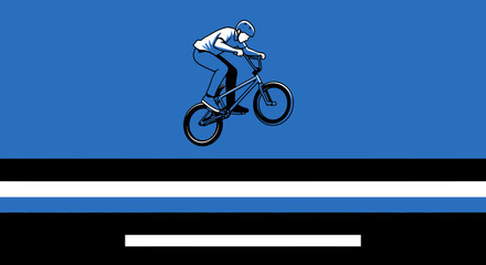 Naklejka premium BMX Stunt Performed Over Abstract Geometric Graphic in Blue, Black, And White