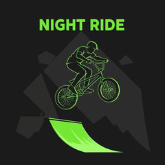 Naklejka premium BMX Stunt at Night: Silhouette of Rider Performing Aerial Trick Over Ramp